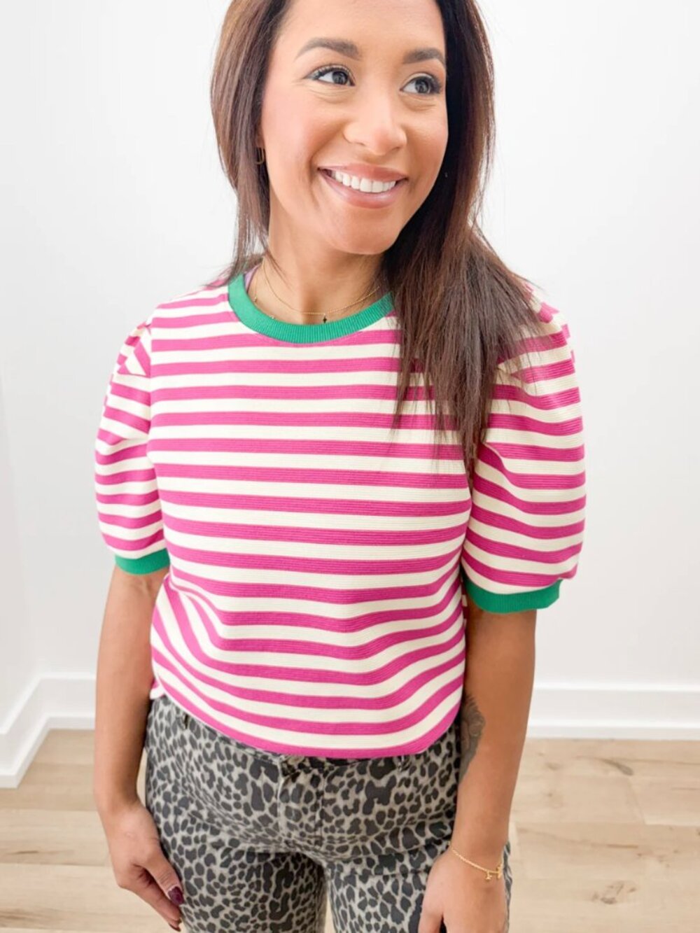 Entro Hot Pink Striped Puff Sleeve Top Green Trim Preppy Indie Small